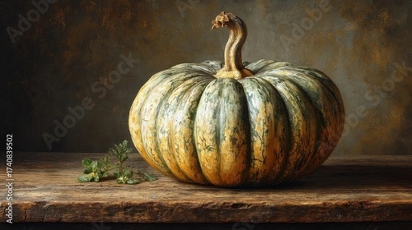 Obraz Close-up of large pumpkin on rustic wooden table, warm muted autumn tones, antique oil painting with soft shadow, fine micro-grid canvas texture, subtle patina, baroque style, delicate craquelure
