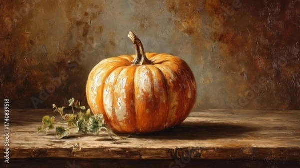 Obraz Close-up of large pumpkin on rustic wooden table, warm muted autumn tones, antique oil painting with soft shadow, fine micro-grid canvas texture, subtle patina, baroque style, delicate craquelure