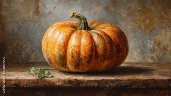 Obraz Close-up of large pumpkin on rustic wooden table, warm muted autumn tones, antique oil painting with soft shadow, fine micro-grid canvas texture, subtle patina, baroque style, delicate craquelure