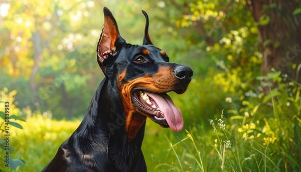 Fototapeta Doberman Pinscher Dog Portrait in Natural Green Environment with Tongue Out