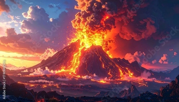 Fototapeta Dramatic Volcanic Eruption with Lava Flow, Clouds, and Mountains