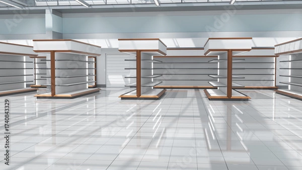 Fototapeta Supermarket interior mockup with gondola display racks with wood-grain edges and toppers. 3d illustration