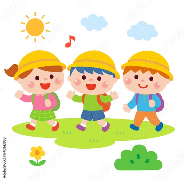 Obraz 遠足で歩く子どもたちのイラスト