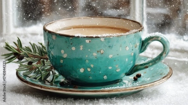 Obraz Watercolor rounded teacup by the window with winter and Christmas atmosphere, rustic cozy holiday setting, artistic detailed painting style, isolated on white background, warm aesthetic illustration
