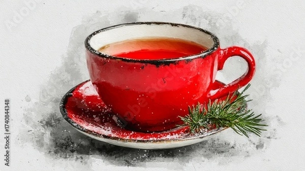 Obraz Watercolor rounded teacup by the window with winter and Christmas atmosphere, rustic cozy holiday setting, artistic detailed painting style, isolated on white background, warm aesthetic illustration