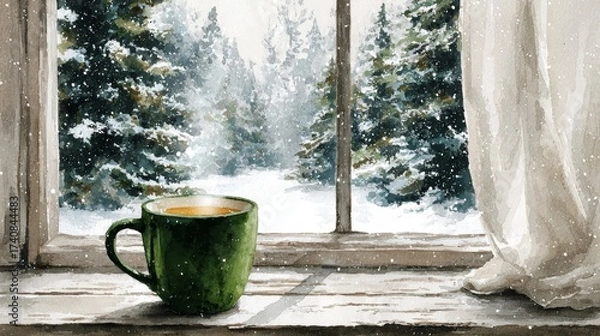 Obraz Watercolor rounded teacup by the window with winter and Christmas atmosphere, rustic cozy holiday setting, artistic detailed painting style, isolated on white background, warm aesthetic illustration