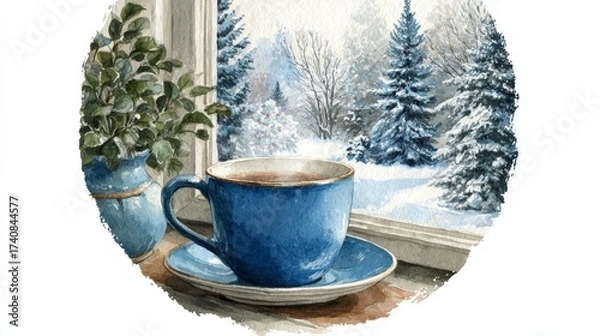 Obraz Watercolor rounded teacup by the window with winter and Christmas atmosphere, rustic cozy holiday setting, artistic detailed painting style, isolated on white background, warm aesthetic illustration