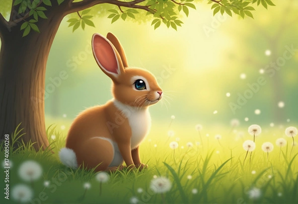 Fototapeta cute rabbit in the forest glade sits on the grass under tree branch and looks with raised ears