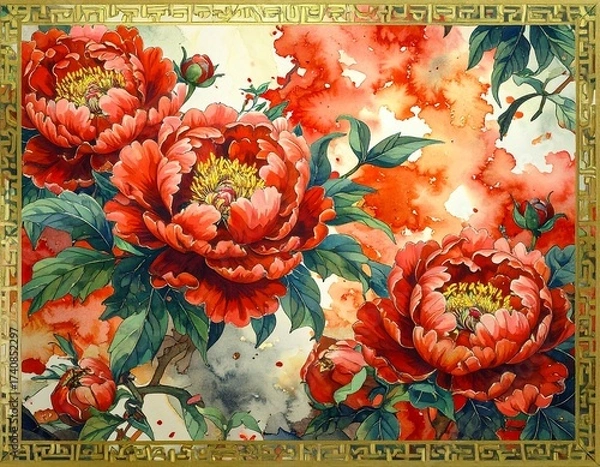 Obraz Ornate gold frame with vibrant red peony blossoms