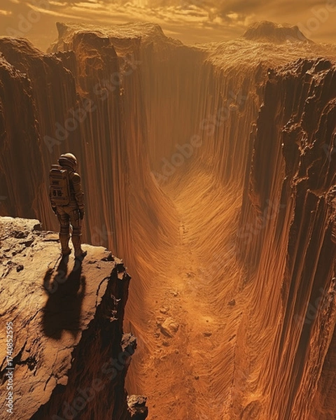 Fototapeta Astronaut standing on the edge of Martian canyon