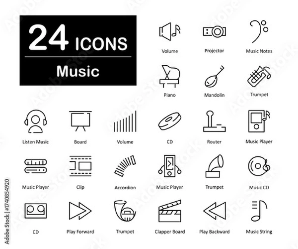 Fototapeta These are 24 beautiful small, pixel perfect music interface vector icons.