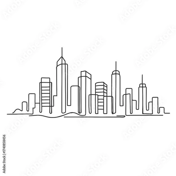 Fototapeta Minimalist city skyline illustration in one-line art style, showing tall modern buildings and urban architecture.