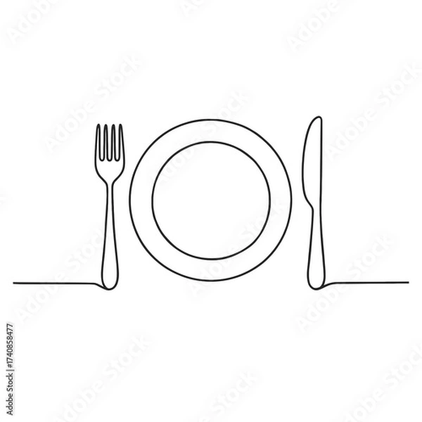 Fototapeta Minimalist line art of a dining set with fork, plate, and knife, symbolizing food, eating, and culinary lifestyle.