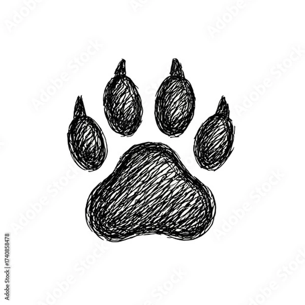 Fototapeta Hand-drawn paw print sketch in black ink, symbolizing animals, pets, wildlife, and nature with a rustic artistic touch