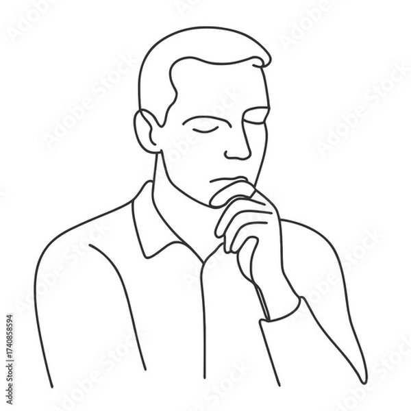 Fototapeta Minimalist line art of a man in deep thought, hand on chin, symbolizing reflection, decision-making, and contemplation