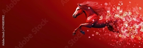 Fototapeta Red horse running with floral particles on a red background, symbolizing Chinese New Year 2026, Year of the Horse zodiac sign, festive banner with copy space for celebration text