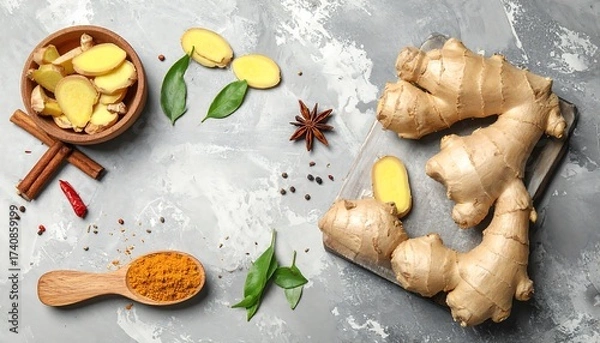 Fototapeta Fresh Ginger and Spices on a Gray Background: Culinary and Herbal Ingredients