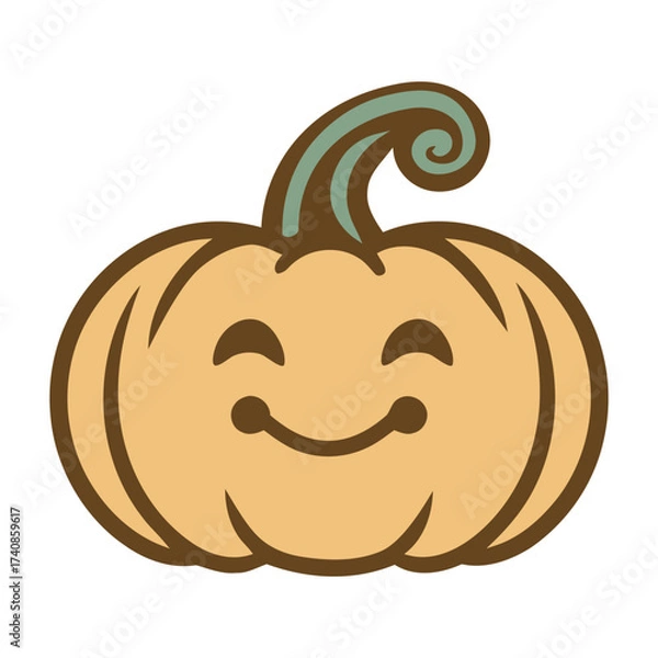 Fototapeta Illustration of a cute smiling pumpkin with a green stem and brown outline on a white background