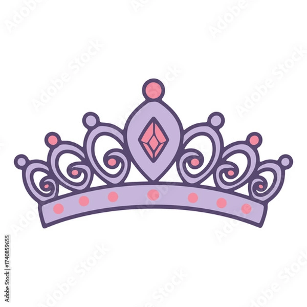 Fototapeta Illustration of a light purple and pink crown with swirls and a diamond shaped gem on a white background