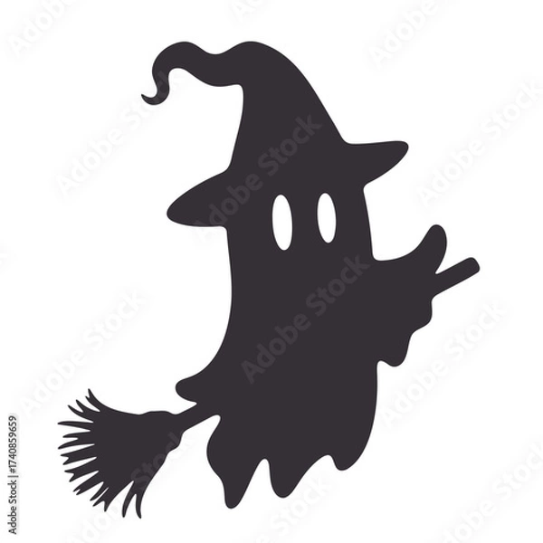 Fototapeta Silhouette of a ghost wearing a witch hat and riding a broomstick on a white background scene is shown