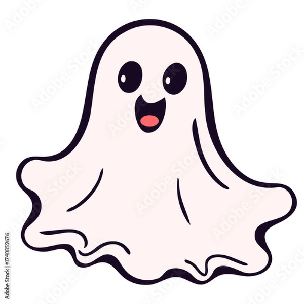 Fototapeta Illustration of a cartoon ghost with a happy expression and black outline on a white background color