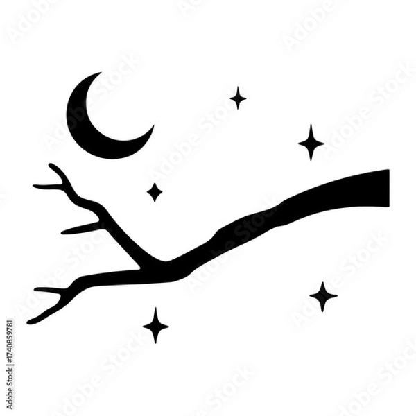 Fototapeta Silhouette of a branch with stars and a crescent moon in a night sky illustration that is simple