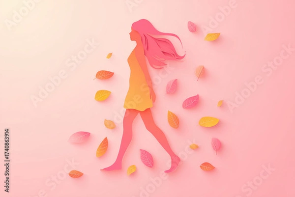 Fototapeta Graceful woman walking in flowing dress, surrounded by autumn leaves, paper cut style, soft pink and orange tones, elegant and serene atmosphere, modern minimal art