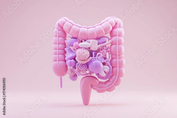 Fototapeta 3D illustration of human intestine with various colorful objects inside, representing digestion, gut health, and microbiome in playful, surreal style on pink background
