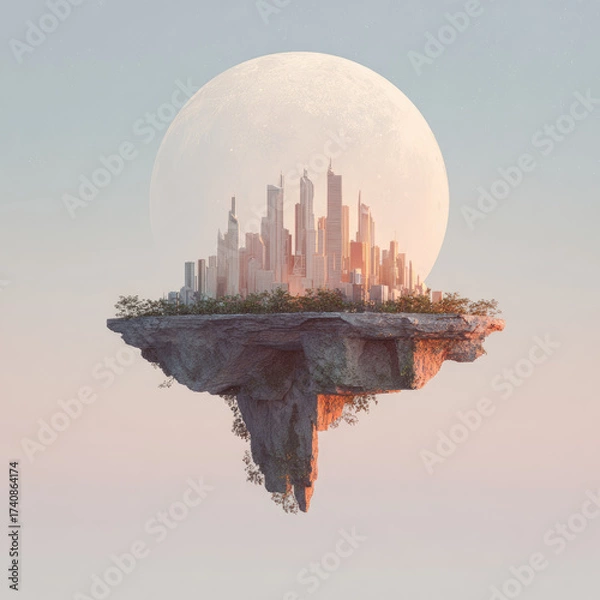 Fototapeta Floating futuristic city with tall skyscrapers and lush greenery on rocky island, illuminated by soft sunlight and large full moon in background, serene and imaginative scene
