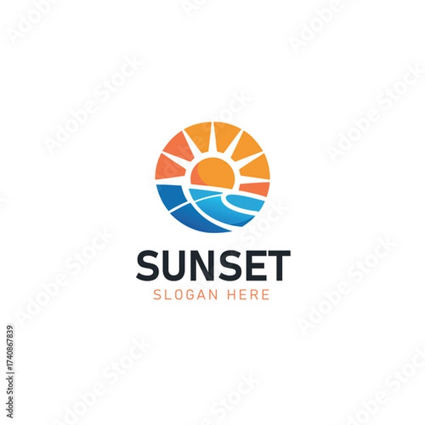 Fototapeta Sunset logo design with sun and ocean waves for travel, beach resort, wellness, and nature branding
