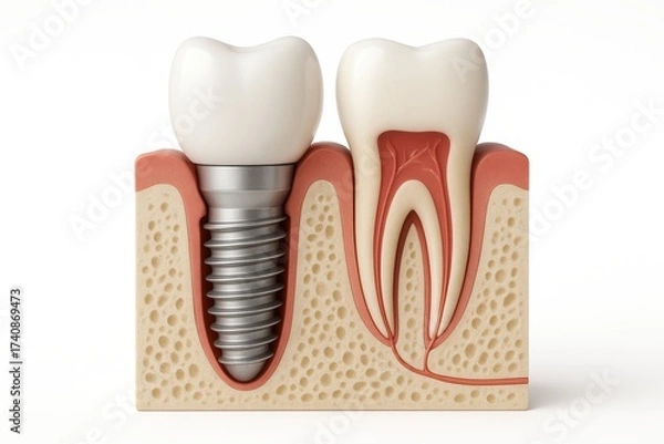Fototapeta Dental implant: A detailed depiction of a dental implant, showcasing the intricate mechanics of a perfect tooth replacement. It features a new tooth alongside the anatomical parts of a healthy tooth.
