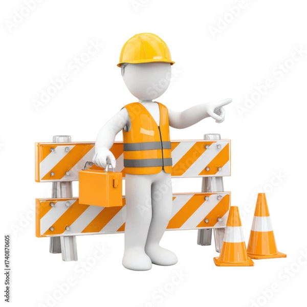 Fototapeta Construction Worker 3D Figure with Safety Gear and Barriers