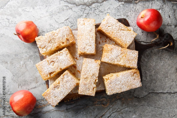 Obraz Delicious old fashioned applesauce cake with ginger and cinnamon close-up on wooden board on a table. Horizontal top view from above