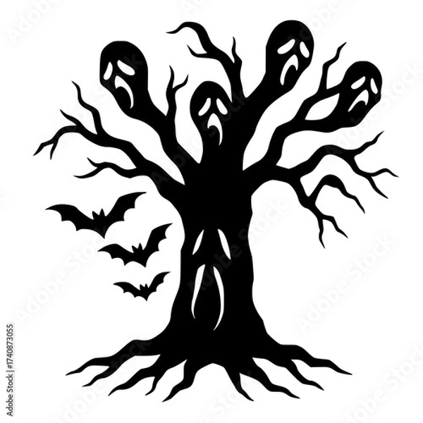 Fototapeta Haunted Tree with Ghostly Faces, Spooky Silhouette with Bats