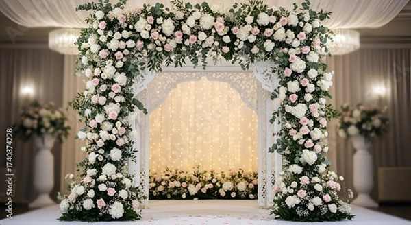 Fototapeta Floral archway with white and pink roses and greenery for a wedding or event decoration setup indoors