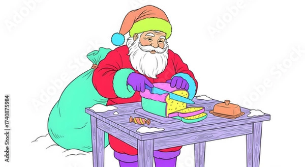 Fototapeta Cartoon santa claus wrapping presents at a table with a large sack of gifts isolated on white background