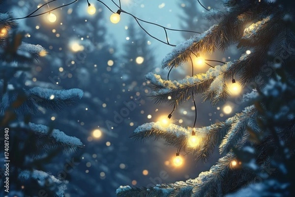Fototapeta snow-covered pine tree adorned with glowing string lights in winter forest. enchanting atmosphere under blue sky. christmas and new year holiday theme. greeting card, wallpaper.