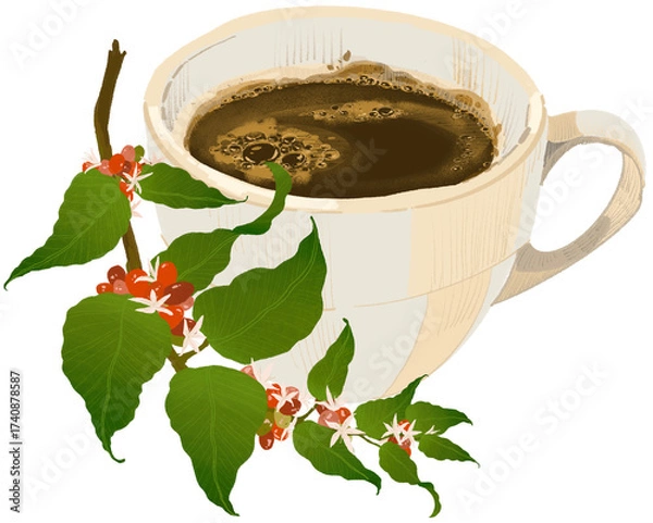 Obraz 커피 나무와 커피잔 (coffee cherry and leaves)