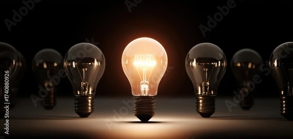 Obraz The Lightbulb Standing Bright Among Dark Unlit Bulbs Symbolizing Innovation And Inspiration