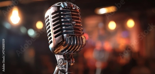 Obraz The microphone on a stand gleams under warm lights in a moody jazz club