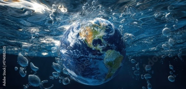 Obraz The Earth submerged in crystal water with rising bubbles and reflective ocean surface