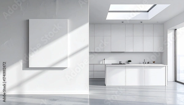 Fototapeta 3d render of blank wall at the kitchen; the wall in the left side from the modern minimalist kitchen