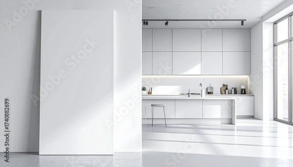 Fototapeta 3d render of blank wall at the kitchen; the wall in the left side from the modern minimalist kitchen