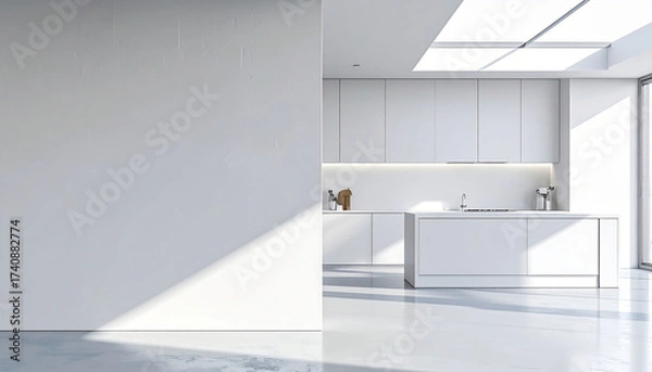 Fototapeta 3d render of blank wall at the kitchen; the wall in the left side from the modern minimalist kitchen