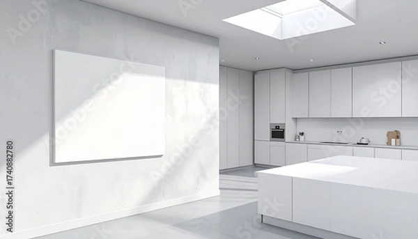 Fototapeta 3d render of blank wall at the kitchen; the wall in the left side from the modern minimalist kitchen