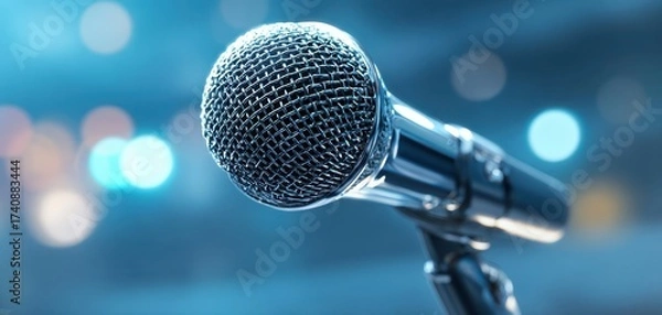 Obraz The Microphone close up on stage with soft bokeh lights and professional focus