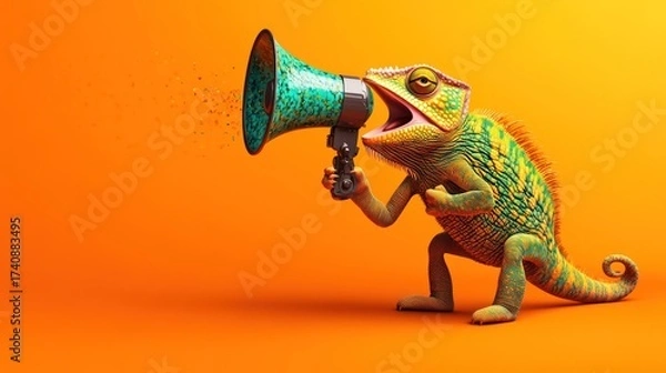 Fototapeta Chameleon Shouting Through a Megaphone with Confetti
