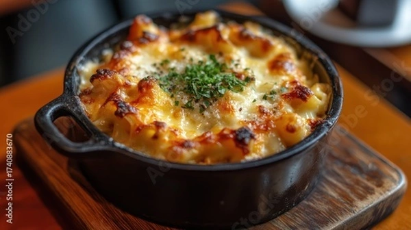 Fototapeta Delicious Baked Macaroni and Cheese with Parsley Garnish