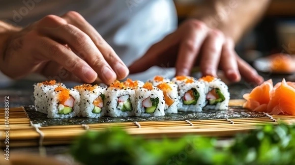 Fototapeta Chef preparing fresh sushi rolls with salmon and avocado