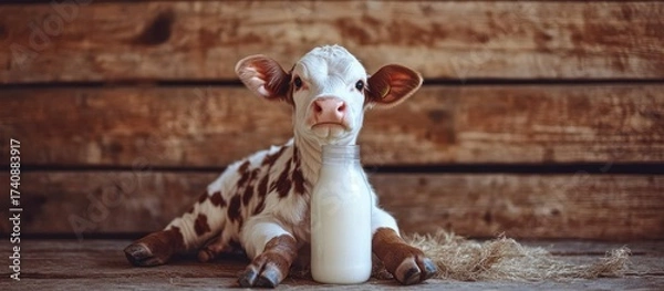 Fototapeta Adorable Calf Poses with Fresh Milk Bottle on Rustic Background
